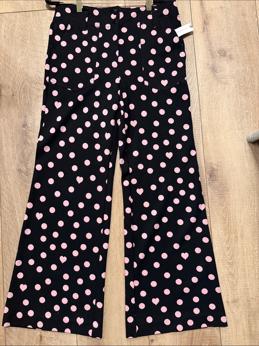 NEW Anthropologie Black pants with Pink Polka Dot & Heart Print